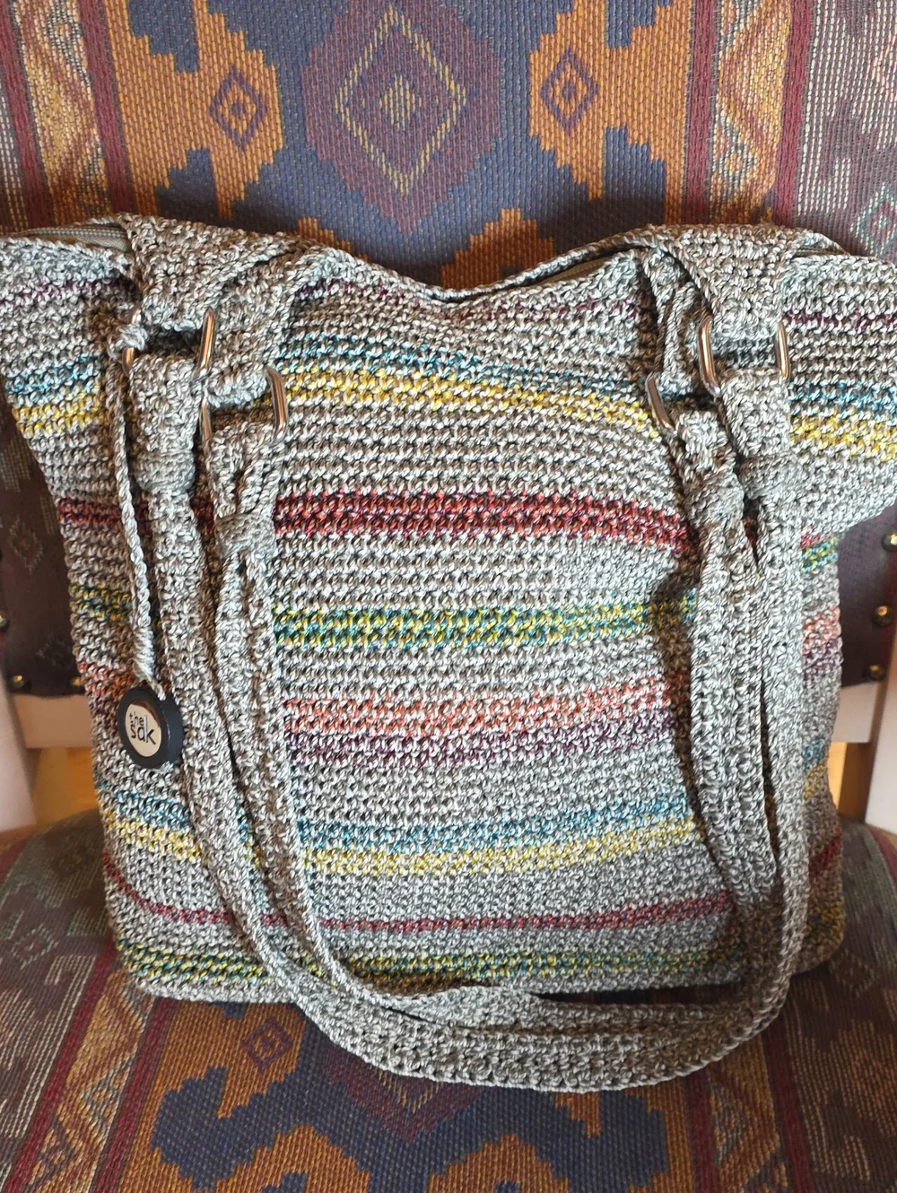 The Sak Belle Voyager Stripe Crochet Boho Hobo Shoulder Bag EUC